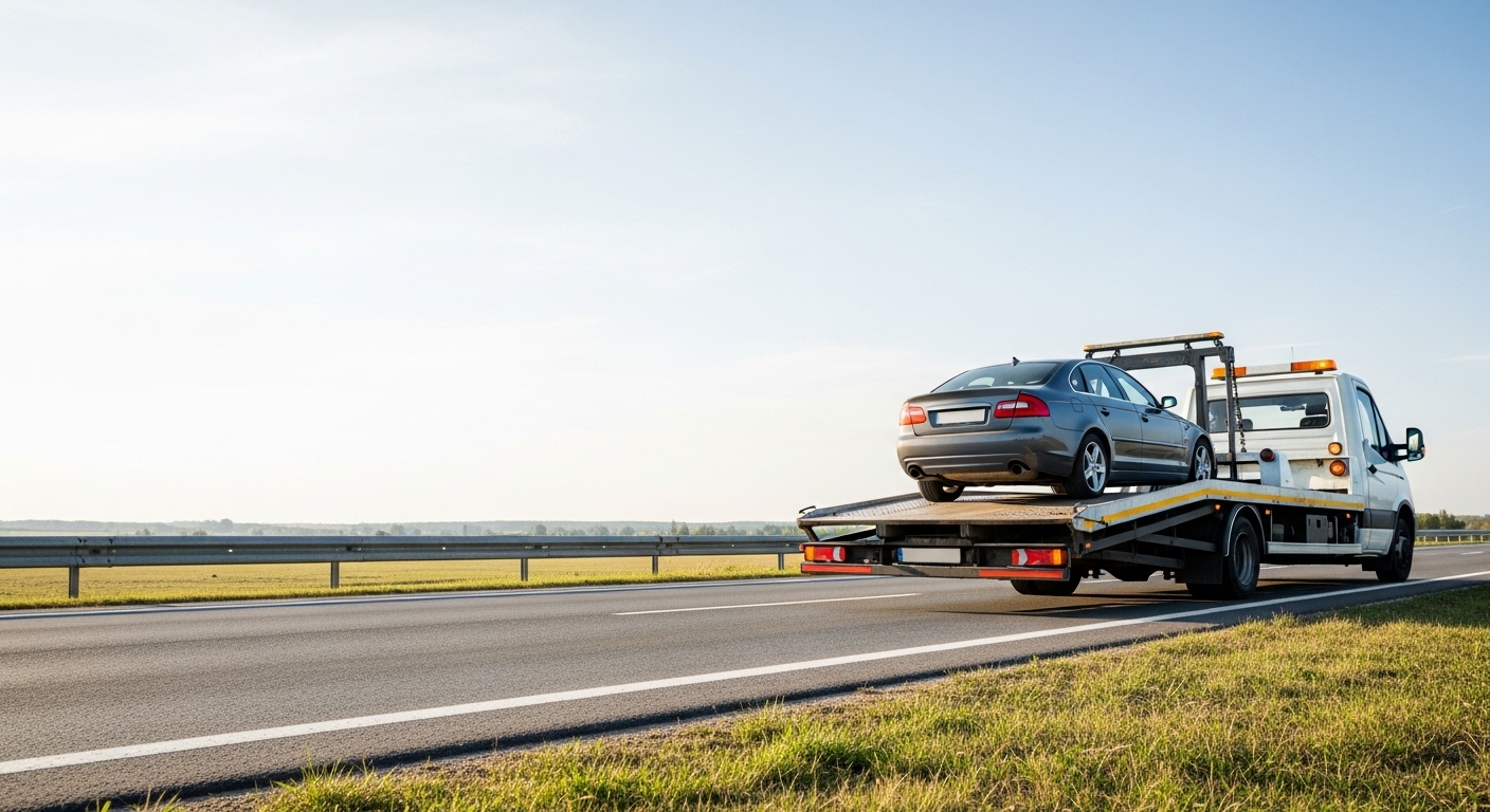 Tow truck recovering car in daylight